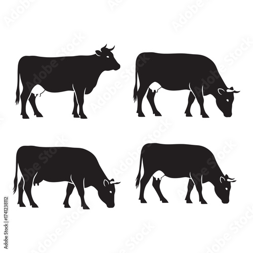 Set of four silhouette cattle grazing and standing farm animals livestock agricultural icons silhouette
