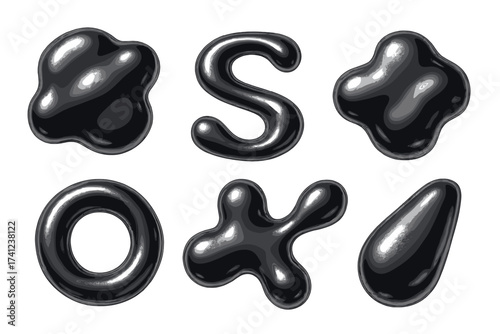 Dark chrome liquid 3d shapes set in y2k style. Realistic metal silver melt fluid forms. Aesthetic futuristic design elements. Abstract black glossy bubble, blob, and letter icons.