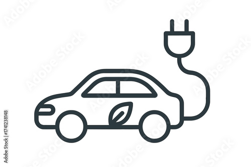 Electric car charging icon. Eco friendly vehicle with plug and cable symbol. Sustainable green energy transport. Outline vector illustration for hybrid and EV technology concept.