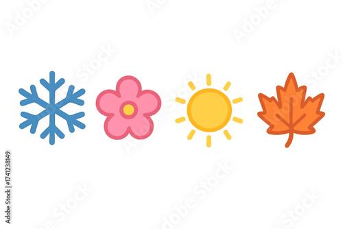 Four seasons icon set. Vector graphic elements representing winter, spring, summer, autumn. Includes snowflake, flower, sun, and maple leaf. Yearly cycle, weather concept.