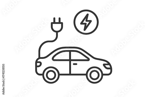 Electric car charging line icon. EV vector illustration. Sustainable transport, eco friendly automobile with plug and cable. Green energy, renewable power, electrical vehicle symbol.