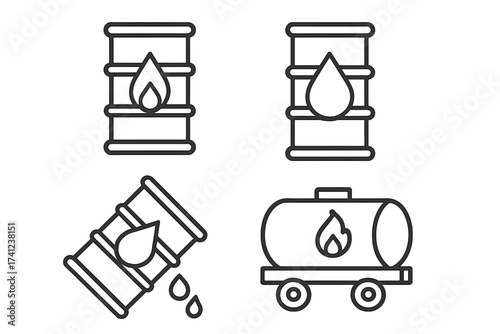 Oil barrel and gas tank vector line icon set. Fuel industry concept. Petroleum drum, flammable liquid, gasoline canister, energy resource symbol. Spilling crude, transportation.