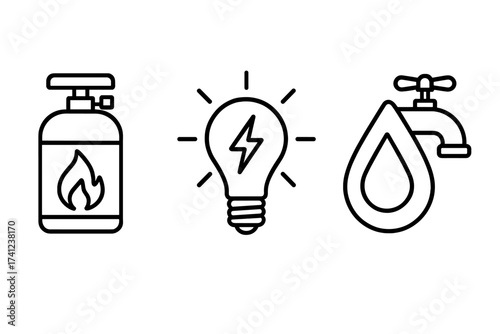 Gas, electricity, water thin line icon set. Vector linear outline stroke illustration for house utilities. Home energy, power and resource consumption and payment concept.