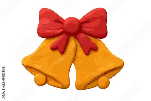 Christmas jingle bells with red bow. Cute clay 3d vector cartoon illustration. Childish plasticine style holiday design element. Isolated New Year decoration for celebration.