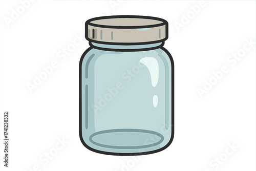 Glass jar vector illustration. Empty reusable container with lid for kitchen food storage, canning, jam, preserves. Eco friendly, zero waste concept. Isolated cartoon icon.