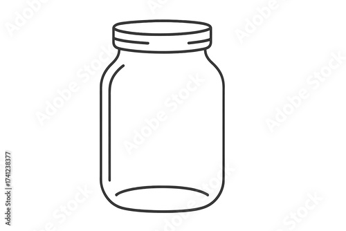 Glass jar isolated. Simple line art symbol. Vector cartoon illustration. Empty container for canning, preserves, or kitchen storage. Mason jar outline icon. Doodle drawing.