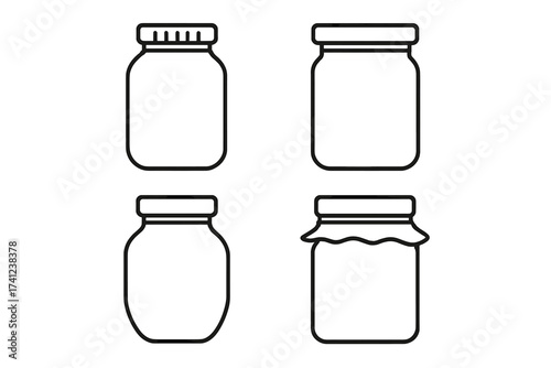 Glass jar line icon set. Vector collection of empty containers for jam, honey, preserves, and food storage. Outline symbol for canning. Isolated kitchen utensil illustration.