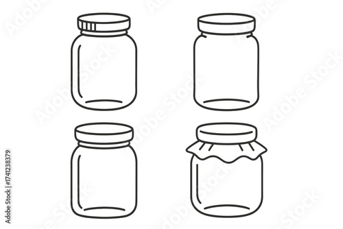 Glass jar vector icon set. Line art illustration of empty jars for canning, jam, honey, pickles. Container for food storage, preserving. Open, closed lids, cloth cover.