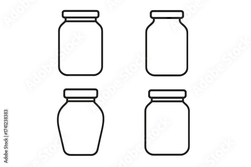 Glass jar outline icon set. Vector linear symbol collection of empty containers for jam, jelly, food. Minimalist illustration for canning, kitchen, or packaging. Isolated pictogram.