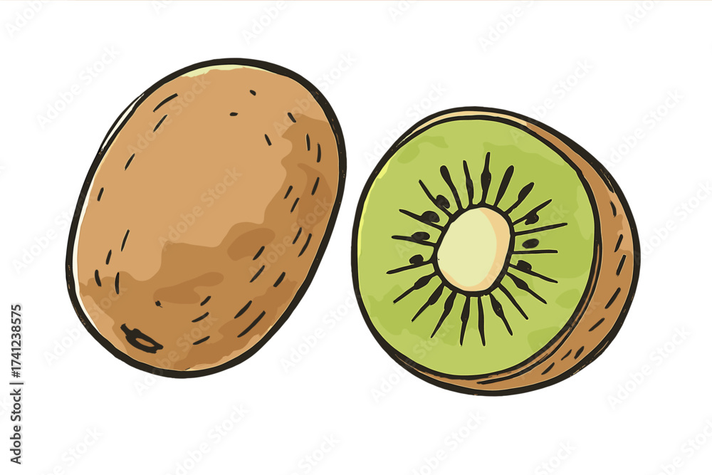 Obraz premium Kiwi fruit doodle sketch set. Vector hand drawn outline illustration with watercolor effect. Whole and sliced fresh organic kiwifruit icon for healthy food and diet concepts.