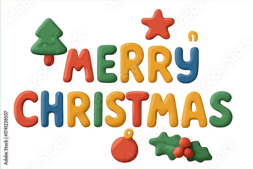 Merry Christmas clay lettering. Plasticine 3D font in naive childish style. Winter holiday quote with tree, star, and holly. Isolated vector cartoon design element for kids.