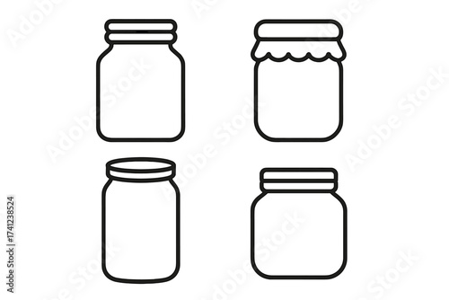 Jar line icon set. Empty glass container vector. Outline illustration for food storage, jam, honey, preserves, canning. Kitchenware packaging symbol. Isolated minimal design.