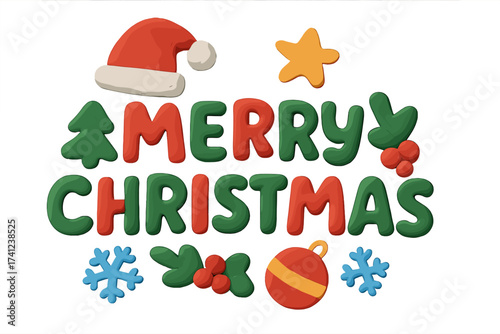 Merry Christmas clay lettering. 3D plasticine text for winter holiday greeting. Cute childish handmade typography with Santa hat, tree, star and snowflake. Festive cartoon vector.