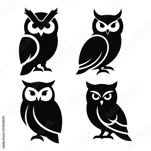Four stylized black silhouette owls with detailed feathers and piercing eyes on a silhouette