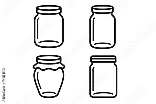 Set of glass jar line icons. Vector illustration collection of empty food containers for jam, honey, or preserves. Simple outline symbols for kitchen, canning, and storage.