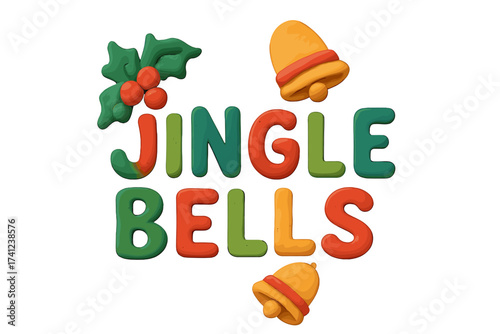 Jingle Bells Christmas clay lettering element. Festive winter holiday quote in naive childish style. Isolated 3D plasticine vector cartoon illustration on transparent background.