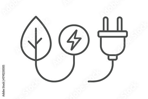 Green energy icon with leaf and electric plug. Thin line vector for renewable power, sustainability, ecology. Bio, natural, eco friendly concept for electricity saving, conservation.