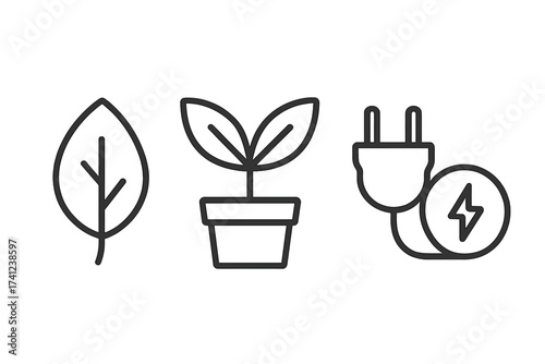 Set of eco friendly icons. Leaf, plant and plug. Concept of green energy, sustainability, bioenergy and environmental protection. Renewable and alternative power source vector.