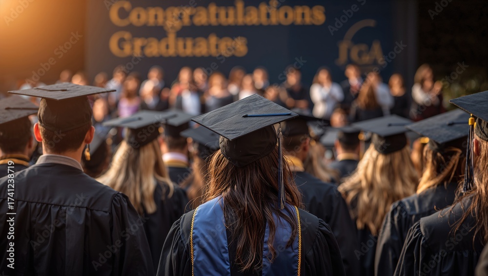 Obraz premium Back view of a diverse group of graduates in caps and gowns at a commencement ceremony with a focus on the celebratory atmosphere and official backdrop displaying congratulations to graduates.