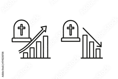Mortality rate trends icon. Death statistics analysis graphic. Chart with growing and declining arrow and gravestone. Vector line illustration of health and death data.