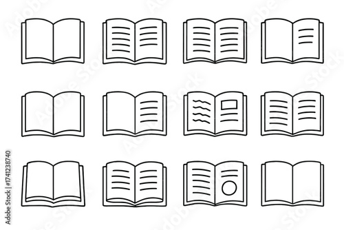 Open book line icon set. Vector symbols for education, reading, knowledge, and literature. Minimalist graphic elements for web, apps, and print. Editable stroke illustrations.