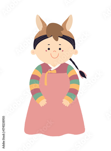 Cute girl in Korean clothes hanbok in horse hat character isolated. Hand drawn cartoon vector illustration. Flat design. Seollal holiday card, poster, banner element
