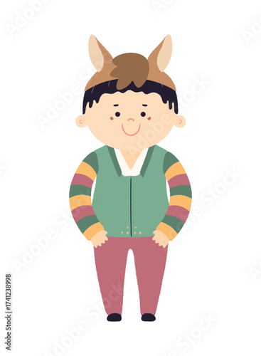 Cute boy in Korean clothes hanbok in horse hat character isolated. Hand drawn cartoon vector illustration. Flat design. Seollal holiday card, poster, banner element