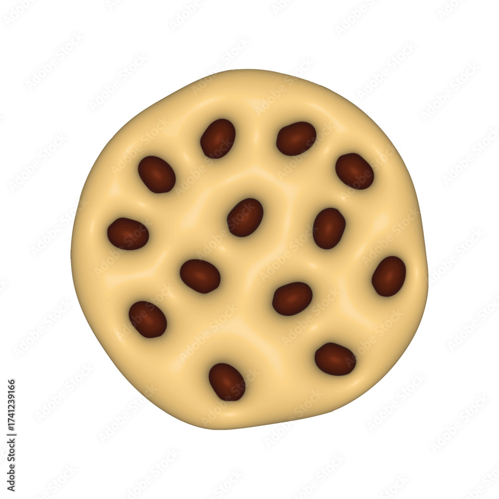 Fototapeta premium 3d Chocolate chip cookie biscuit icon. Delicious cookie, render style. Bite of dessert, bread crumbs, chocolate sweetness. Cookies symbol. Modern 3D Vector illustration isolated on white background.