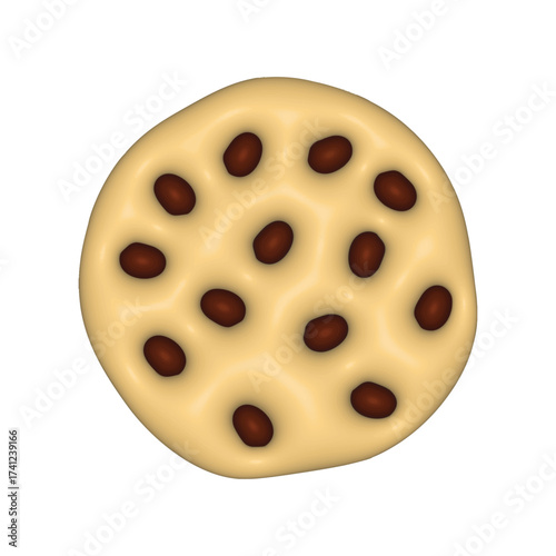 3d Chocolate chip cookie biscuit icon. Delicious cookie, render style. Bite of dessert, bread crumbs, chocolate sweetness. Cookies symbol. Modern 3D Vector illustration isolated on white background.