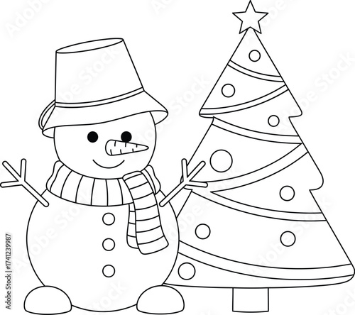 Cute Cartoon Snowman with Bucket Hat and Scarf Standing Next to a Decorated Christmas Tree with Star Topper - Black and White Line Art Coloring Page Element
