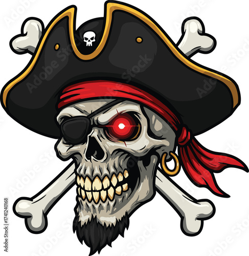 Pirate skull illustration, cyber eye, eye patch, red bandana, gold earring, beard, bones, fantasy art, dark background, adventure theme