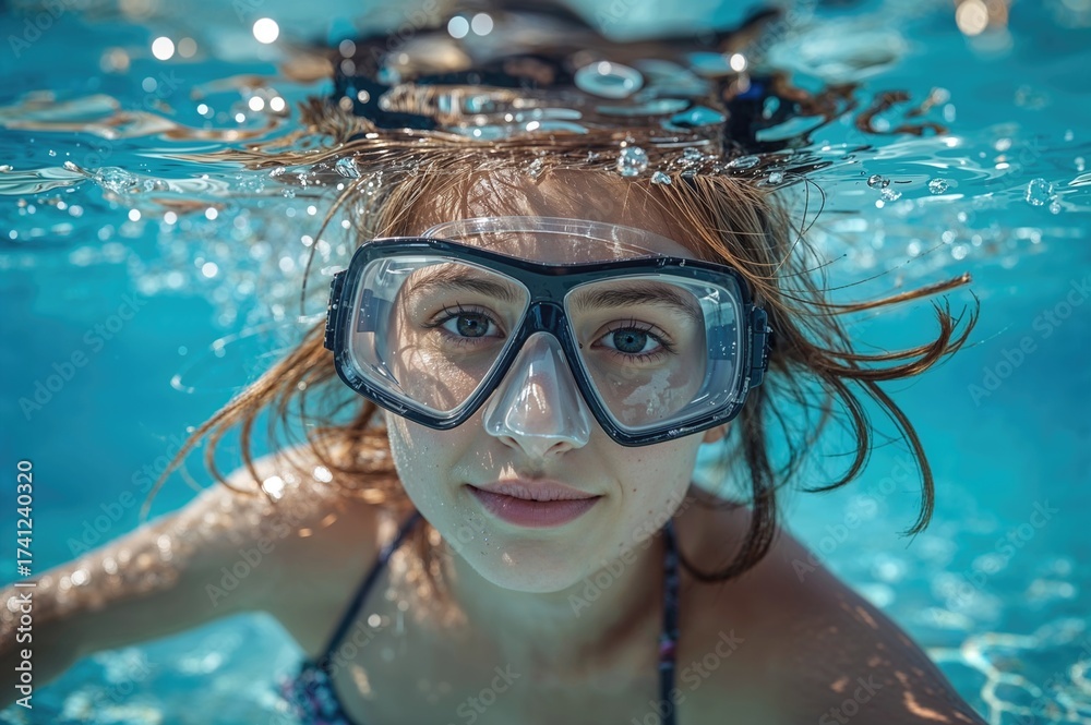 Naklejka premium Young girl swimming underwater in clear pool water wearing a dive mask and facing the camera with hair floating around her in sunlight reflections.