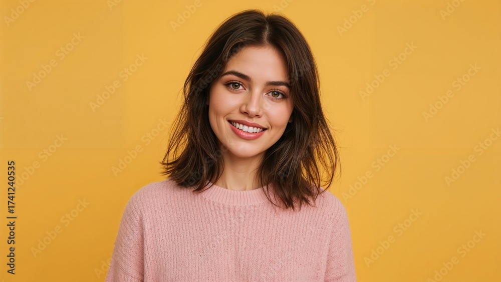 Obraz premium Smiling young woman wearing a light pink sweater poses on a vibrant yellow background showcasing a cheerful expression and modern hairstyle