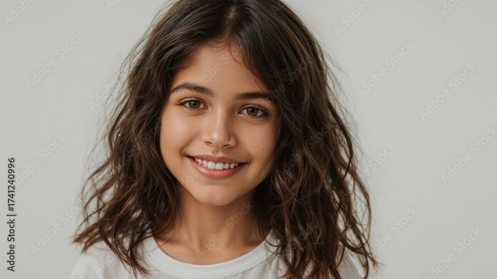 Fototapeta premium Portrait of young girl with curly hair smiling brightly against a neutral background, dressed in a casual white t-shirt, conveying happiness and youthfulness.