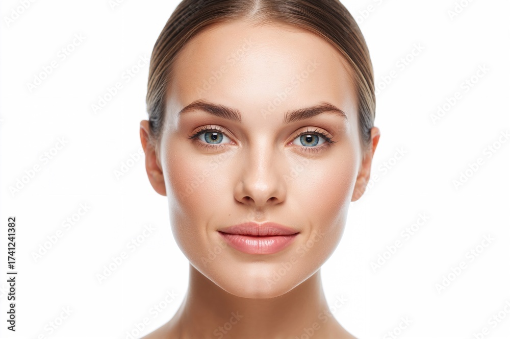Obraz premium Portrait of a woman with clear skin and natural makeup against a white background highlighting the theme of skin care and beauty routines.