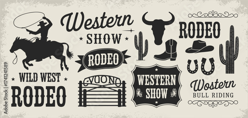 Vintage Wild West rodeo graphics, western show icons, lasso cowboy silhouette, rustic design pack, flat vector illustration, distressed beige background