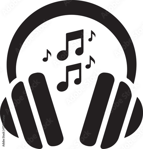 Black silhouette of headphones with musical notes emitting sound waves