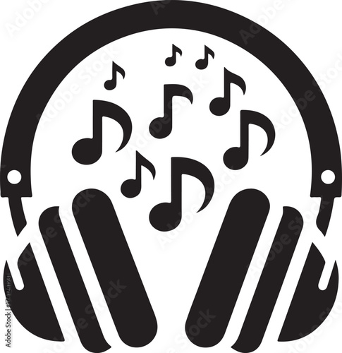 Black silhouette of headphones with musical notes emitting sound waves