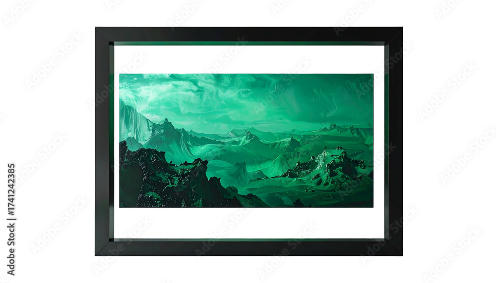 Fototapeta premium Surreal Green Mountainous Seascape in a Black Picture Frame.