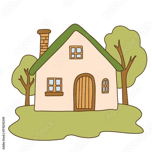 Charming vector illustration of a cute house. Perfect for kids' designs, coloring pages, cards, and fairytale projects.