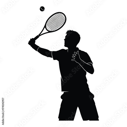 Dynamic silhouette of tennis player serving with ball and racket in action silhouette