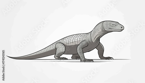 A gray, scaled reptile with a long tail and short legs walks on a white background.