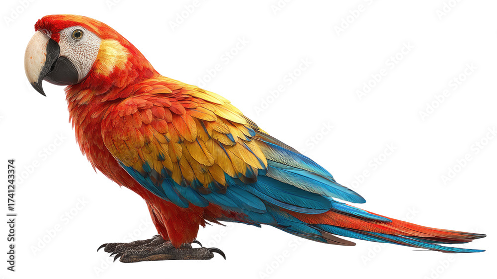 Obraz premium 3d realistic icon of colorful parrot standing showcasing tropical wildlife beauty, exotic bird species, and vibrant nature illustration isolated on white background
