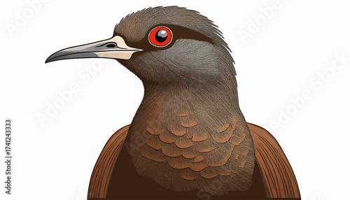 A detailed scientific illustration of a brown bird's head in profile, featuring textured plumage and a striking red eye against a white background.