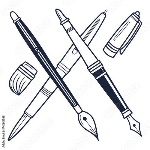 A collection of drawing and writing tools including pens a paintbrush and an eraser in a clean line art style