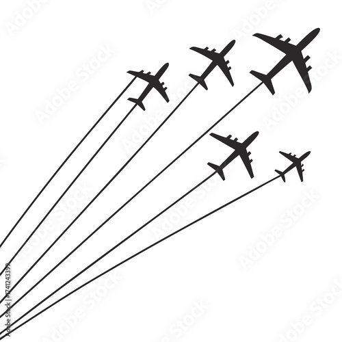 A formation of six black airplanes flying in the sky leaving white contrails behind them