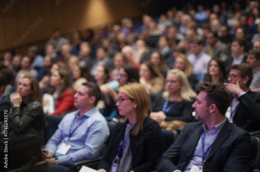 Obraz premium Blurred background of diverse audience attending conference in large hall focused on business education and entrepreneurship with engaged attendees listening intensely