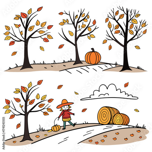 Charming hand drawn illustration of a child with pumpkins and hay bales in an autumn landscape