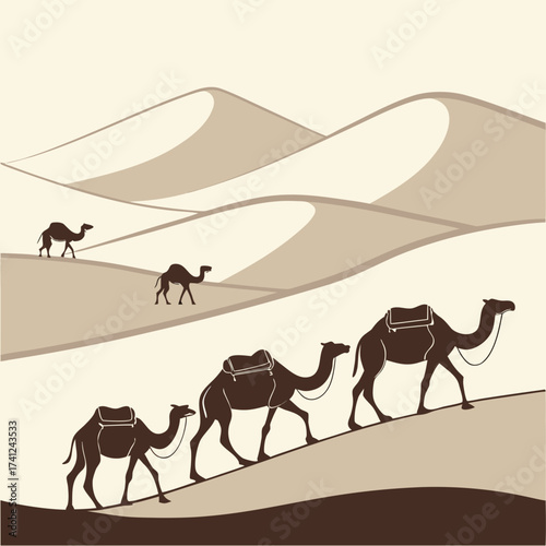Caravan of camels walking across rolling sand dunes in a stylized desert landscape