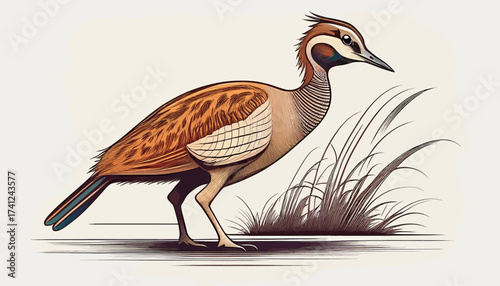 A detailed illustration of a bird with brown and tan plumage, standing near grass.